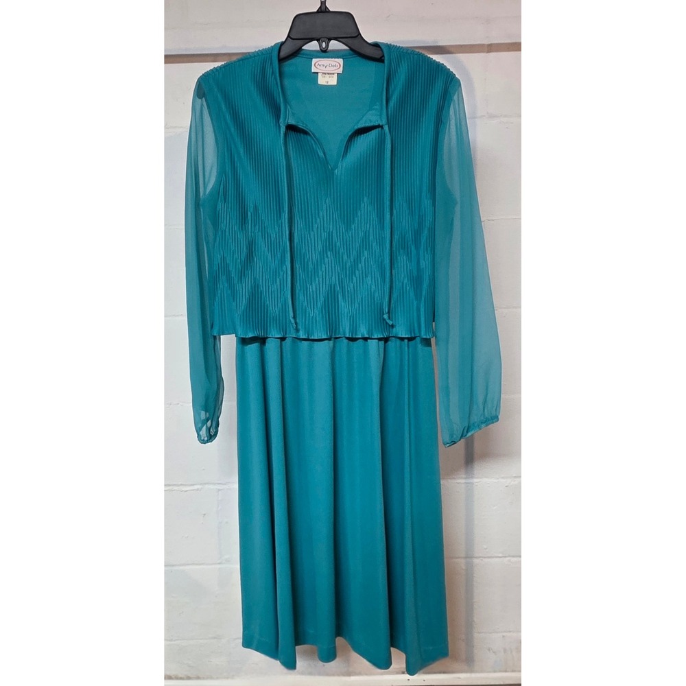 Vintage Amy-Deb Teal Blue Pleated Overlay Sheer Sleeve Midi Dress Womens 12